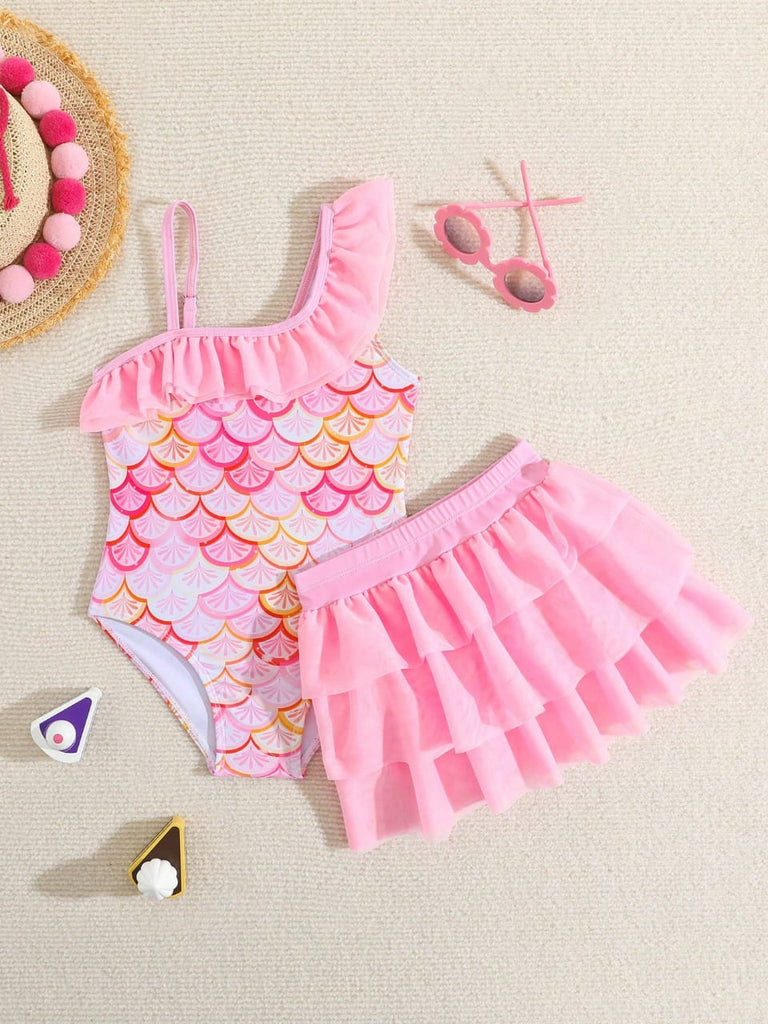 Shein 2pcs pink swimsuit- fish scale print with skirt