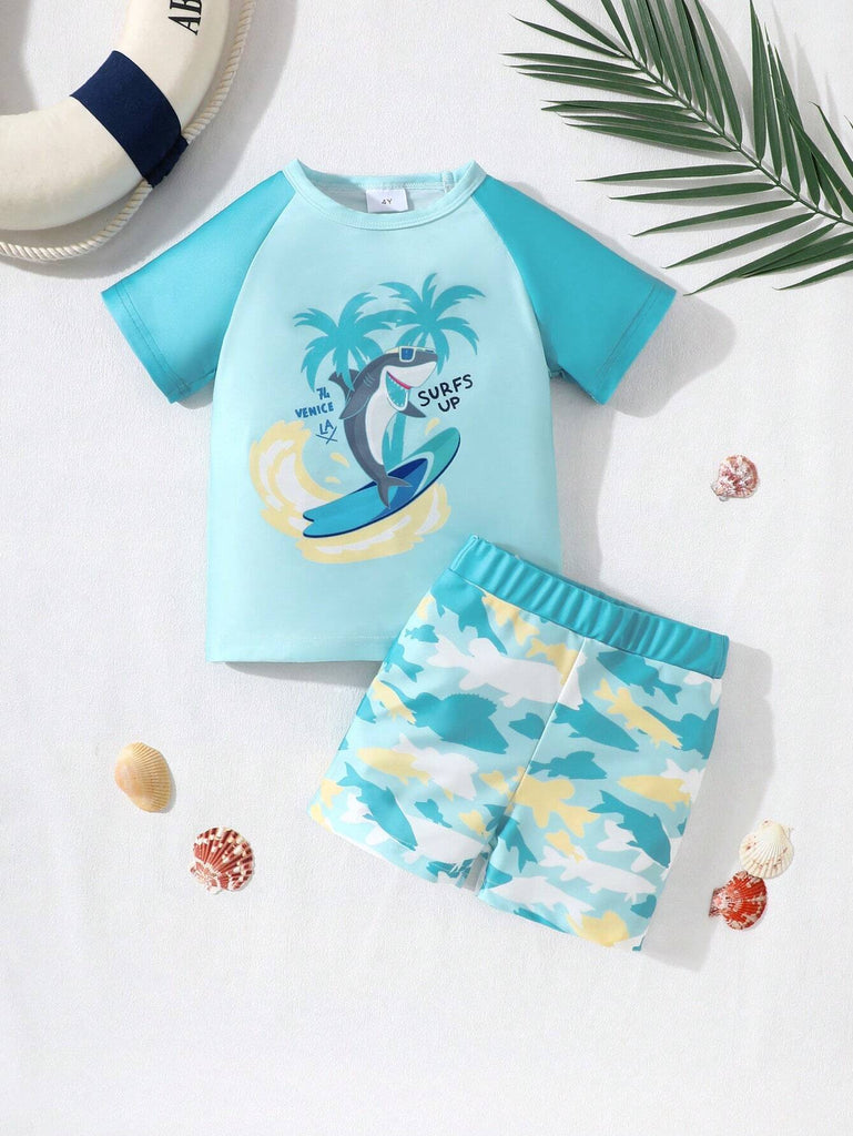 Shein turquoise short sleeve Swimsuit- 2pcs- shark- 2 palms