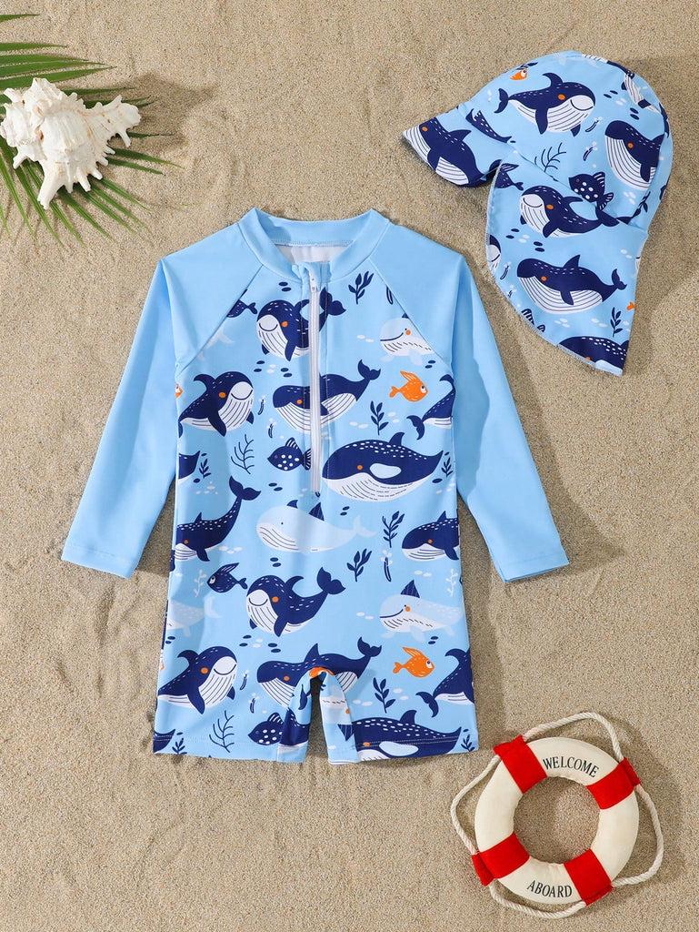 Shein baby blue zipper Swimsuit- 2pcs- whales with a cap