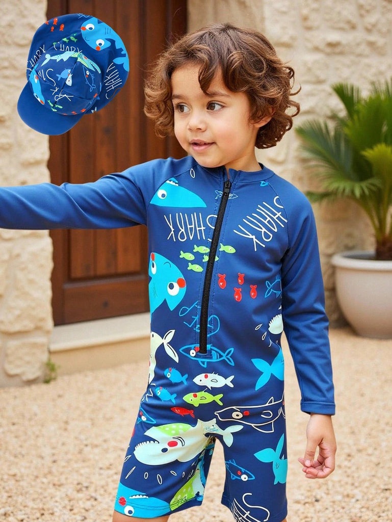 Shein royal blue zipper Swimsuit- 2pcs- long sleeve- sea print+ cap