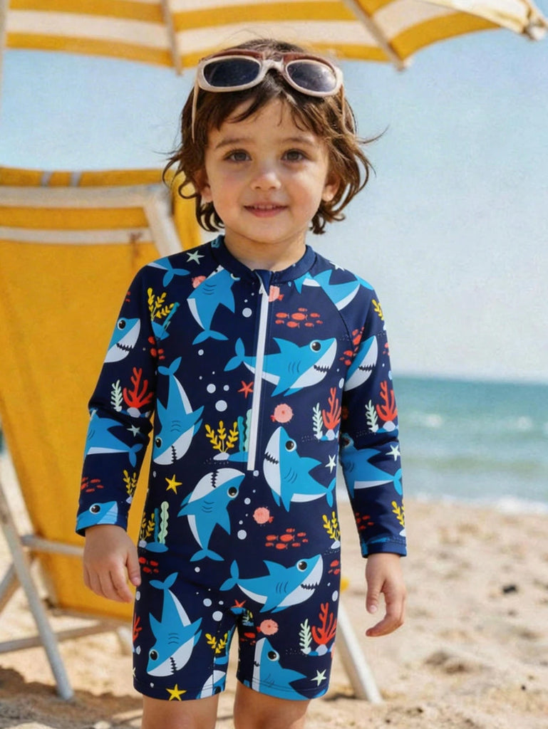 Shein royal blue zipper Swimsuit- long sleeve- sharks print