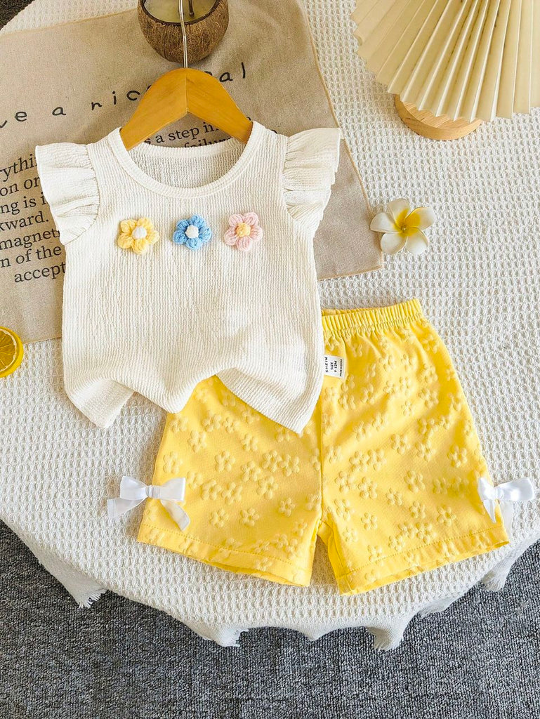 Shein 2pcs yellow set- 3 rosed T-Shirt