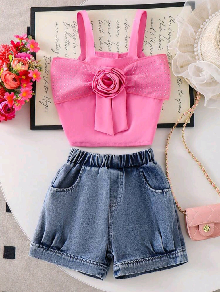 shein set- fuchsia rosed bow top+ short
