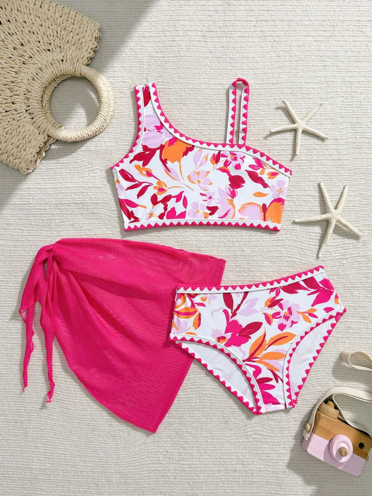Shein 3pcs swimsuit- floral print with spaghetti strap& fushcia Sarong