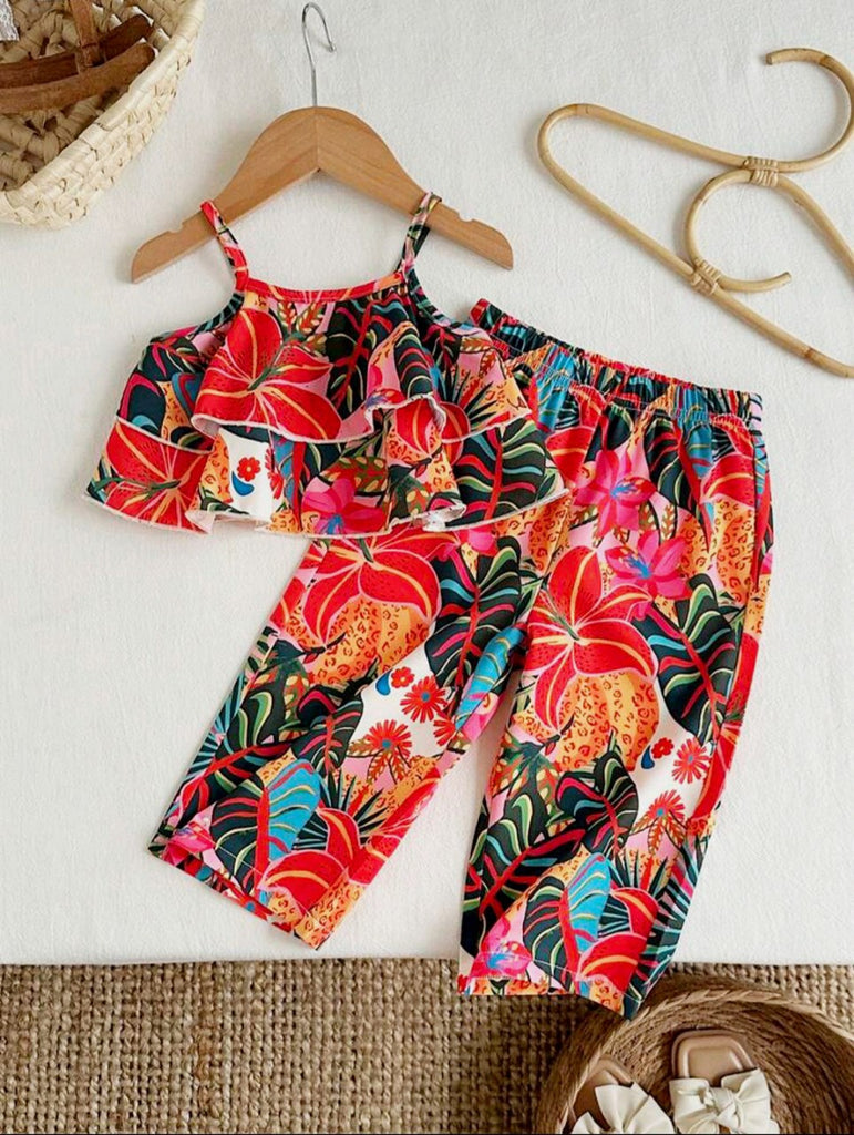 SHEIN 2pcs red printed ruffle set