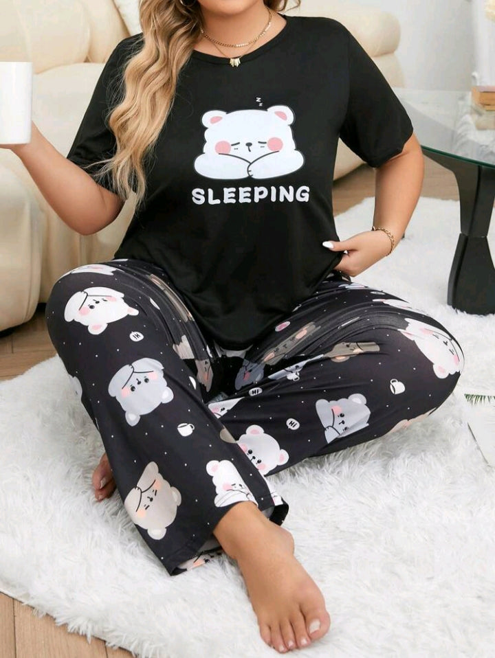 بيجاما شي اسود دب ابيض بنطلون plus size