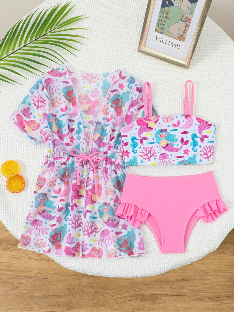 Shein 3pcs pink swimsuit- marine animals print with kimono