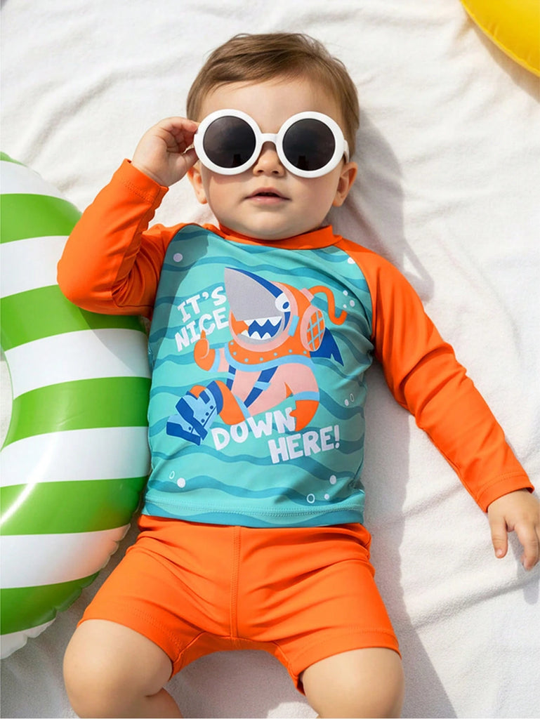 Shein orange Swimsuit- 2pcs- shark/ down here