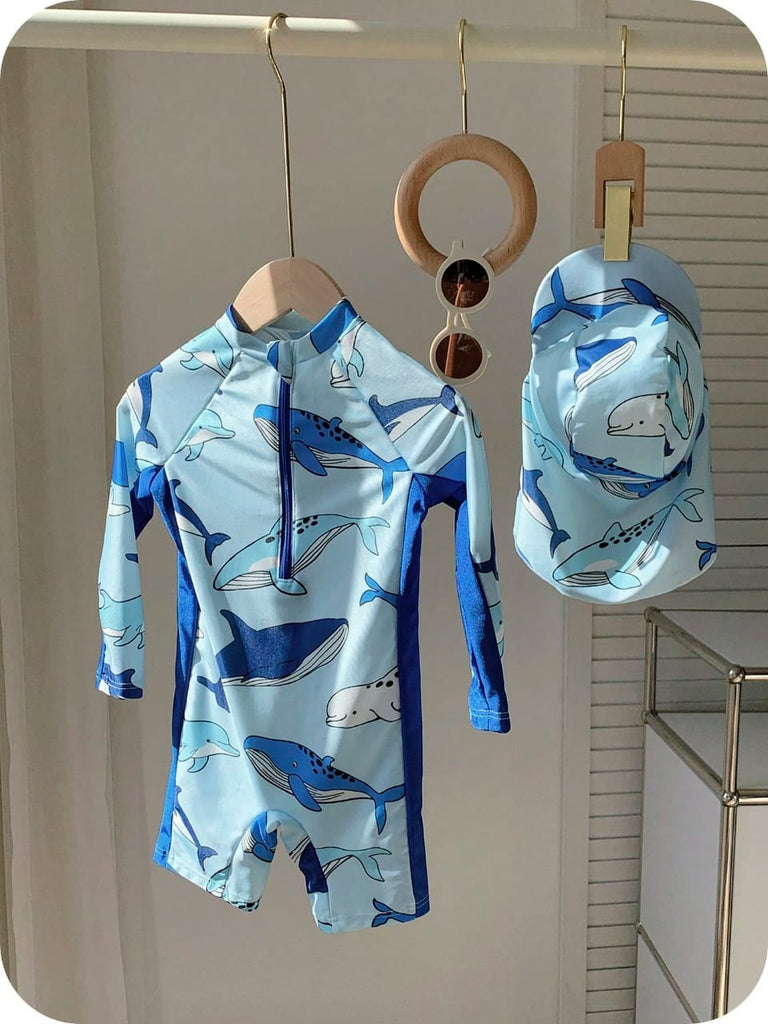 Shein 2pcs swimsuit- turquoise whales with cap
