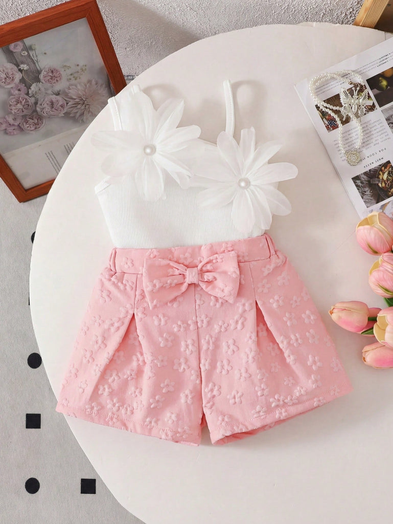 shein set- pink bowed short+ white flowered top