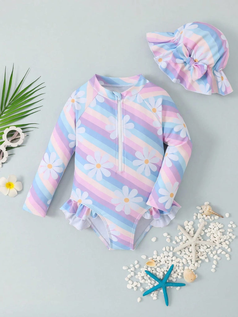 Shein Swimsuit- flower striped with bonnet