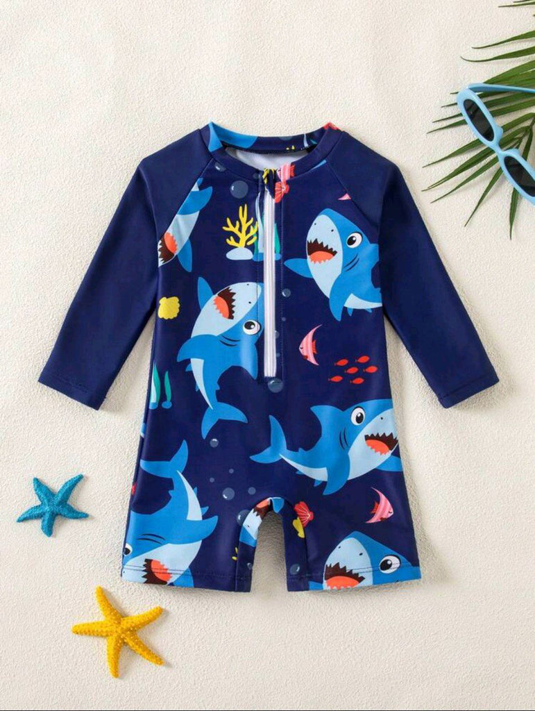 shein swimsuit- long sleeve- royal blue sharks(بدون كاب)