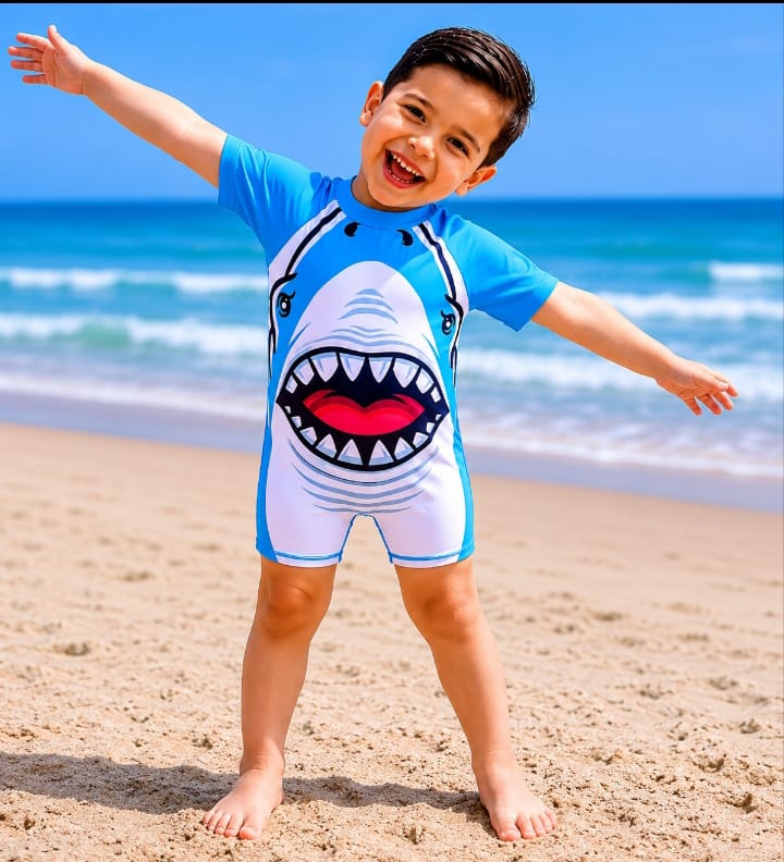 swimsuit- baby blue- shark print