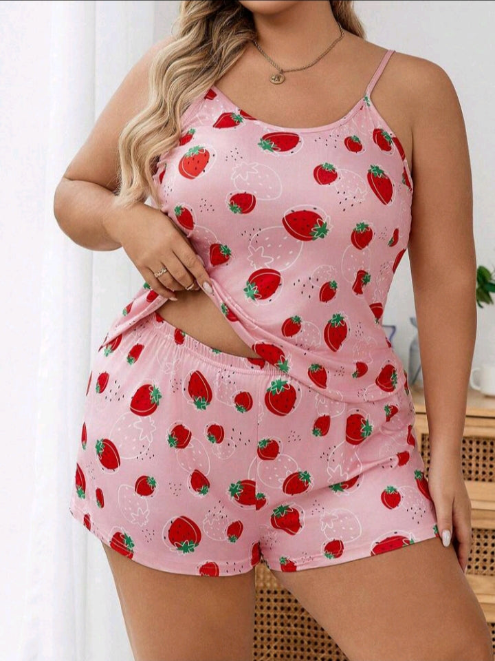 بيجاما شي ان احمر فراوله شورت plus size