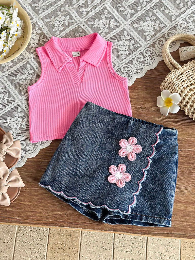 Shein 2pcs pink set- V-neck Top+ rosed Skort