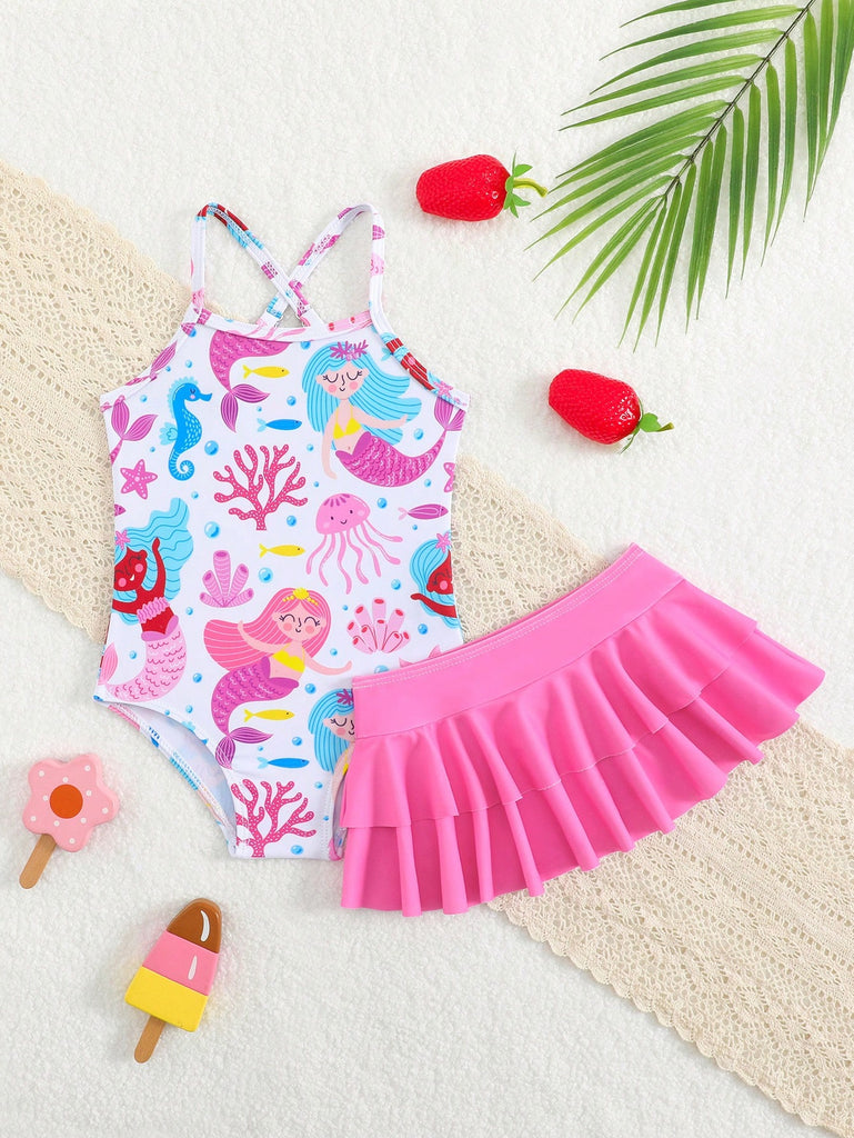 Shein 2pcs swimsuit- sea print with skirt