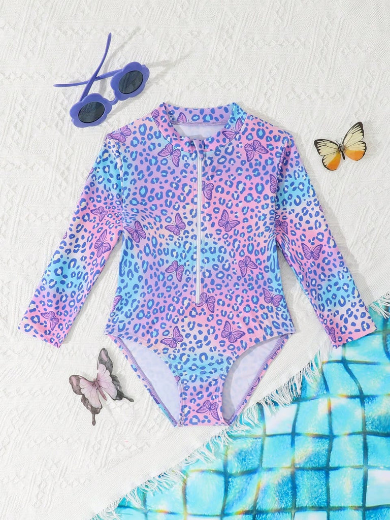Shein swimsuit-long sleeve- purple leopard- butterflies