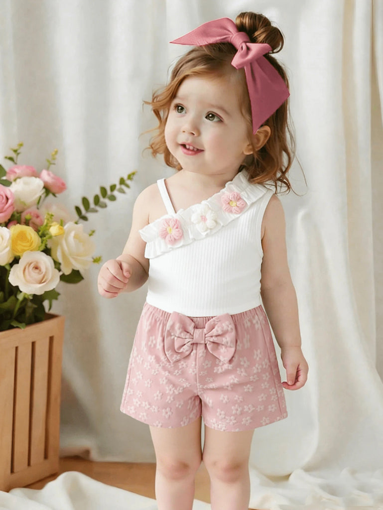 shein set rosed shoulder top+ bowed short