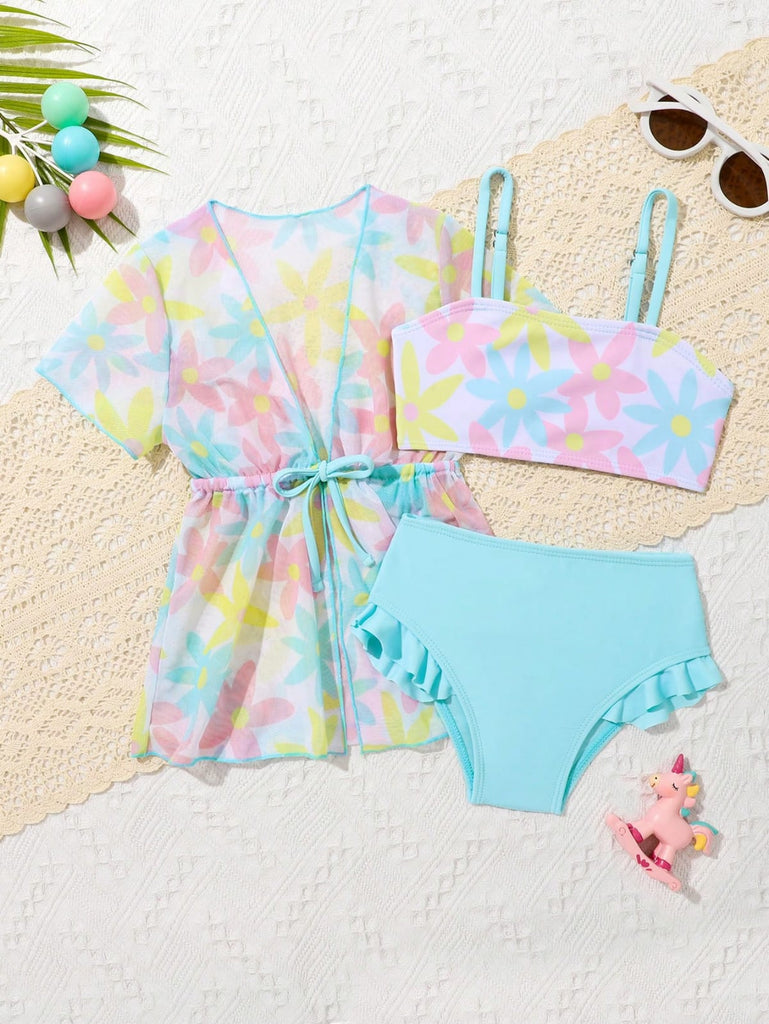 Shein turquoise Swimsuit- 3pcs- flowers with Kimono
