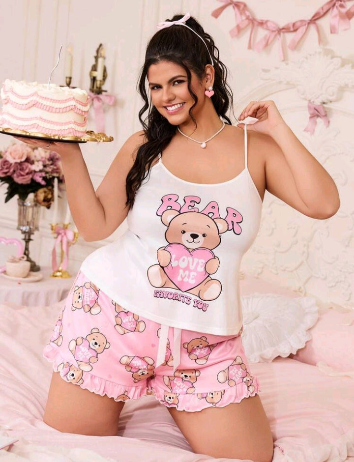 بيجامه شي ان ابيض دب شورت بينك plus size