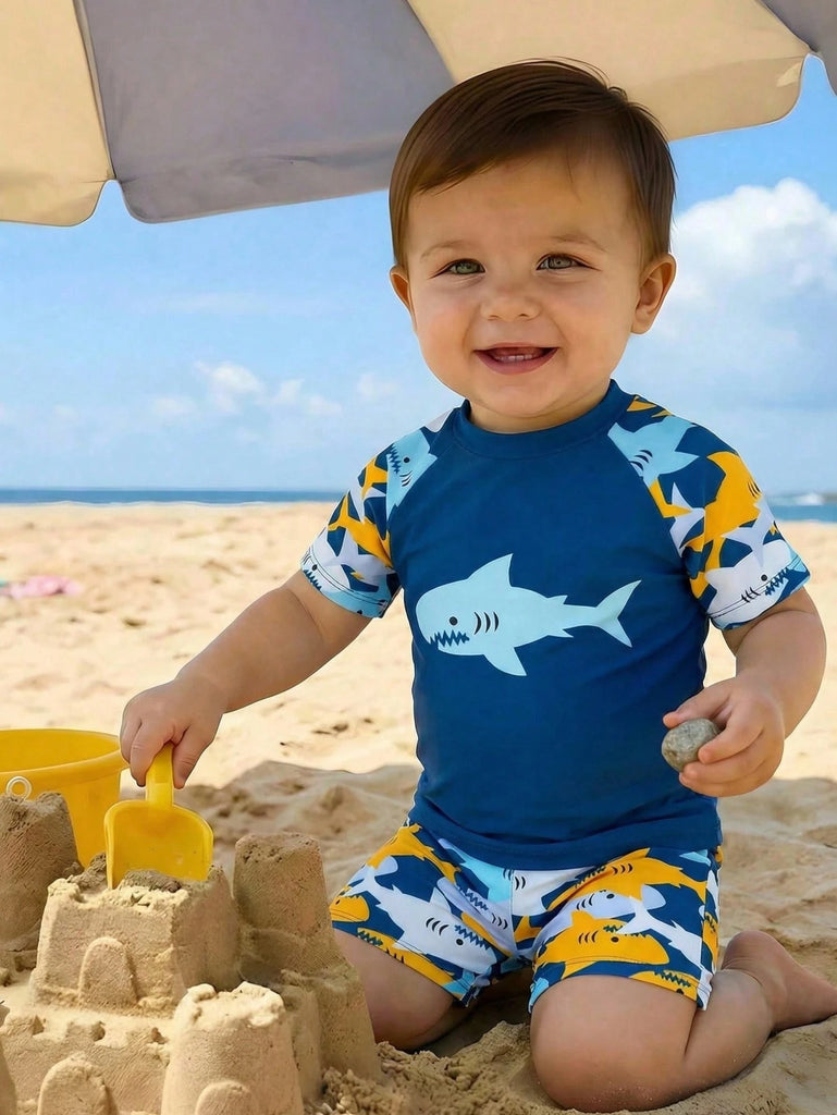 Shein 2pcs- raglan colored short-sleeve blue swimsuit-shark