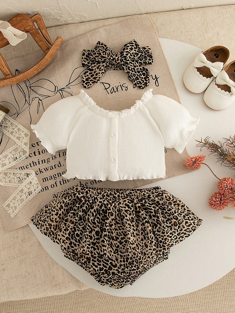 Shein 3pcs set- white ruffle Top+ Leopard print bloomer romper