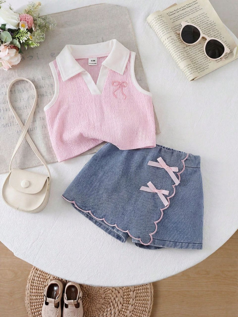 Shein pink 2pcs set- V-neck Top+ jeans short