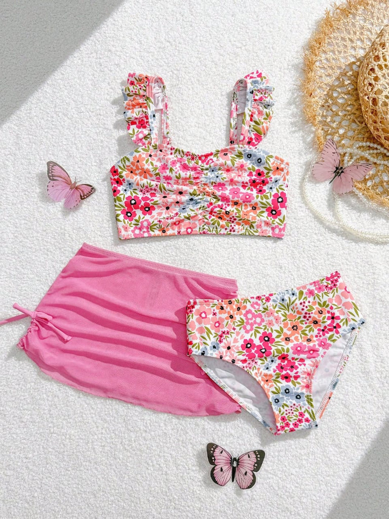 Shein swimsuit- 3pcs- pink floral print with Sarong