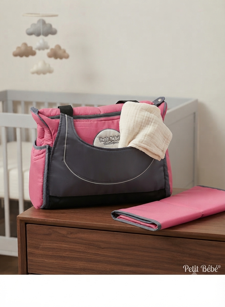 شنطه براند Petit Bebe بينك * جراي + مشمع غيار