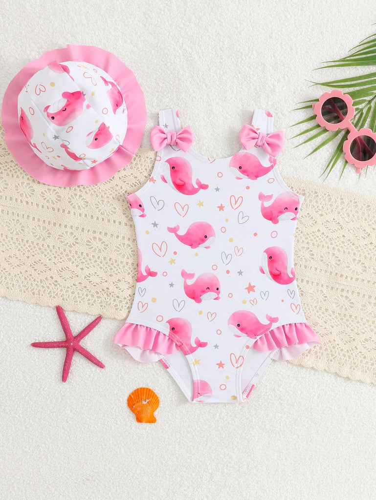 Shein 2pcs pink bowed swimsuit- whales print with a cap
