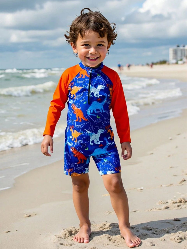 shein swimsuit- long sleeve- blue dinosaurs