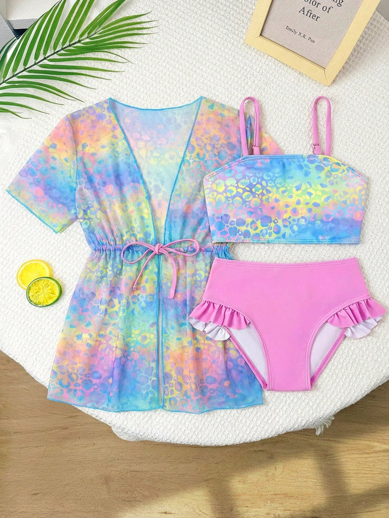 Shein 3pcs pink colored swimsuit  with kimono