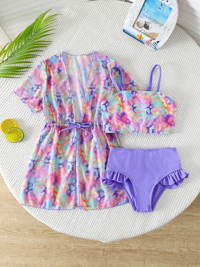 Shein 3pcs floral purple swimsuit with kimono