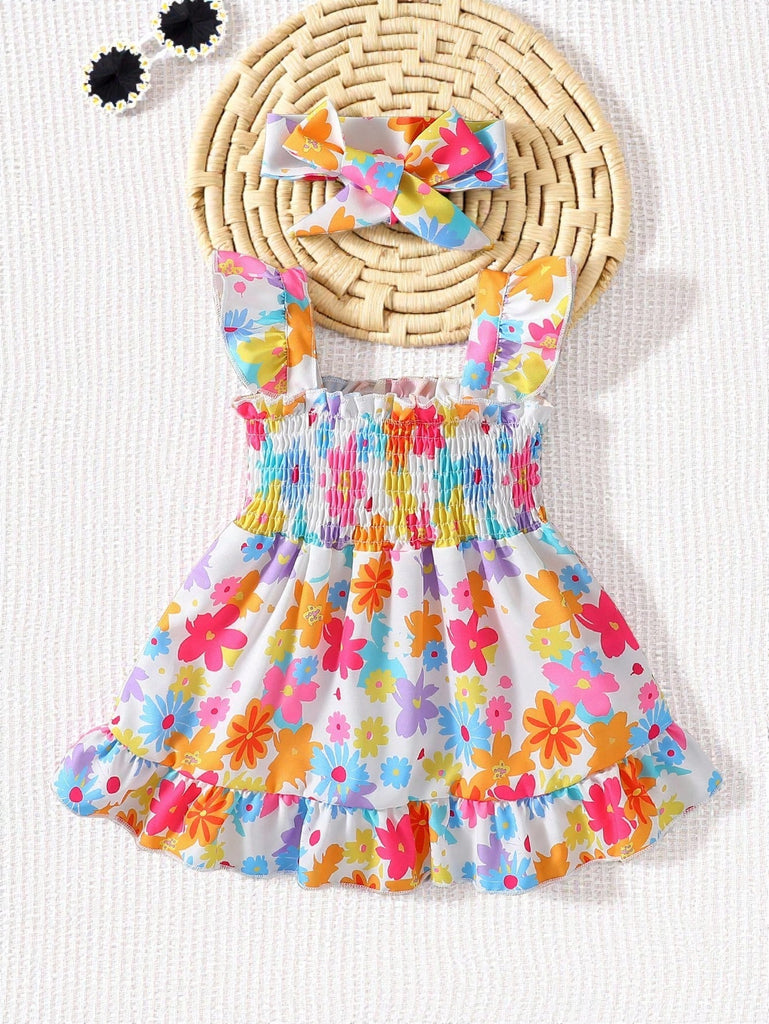 shein colored flowers dress- bowed headband