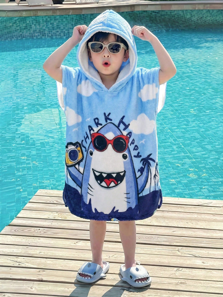 Shein Hooded Poncho- baby blue shark/ happy