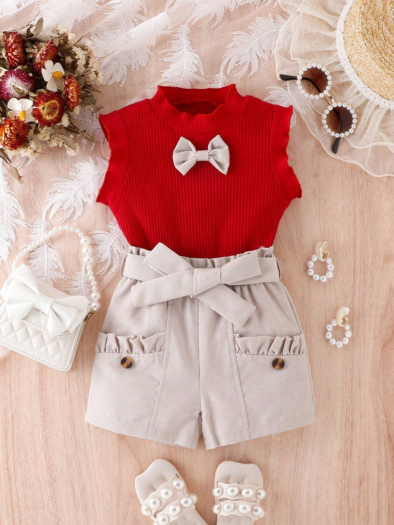 Shein 2pcs red set- beige bowed short