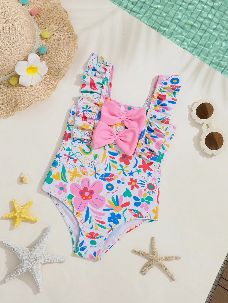 Shein pink bowed swimsuit- flory print with ruffled straps