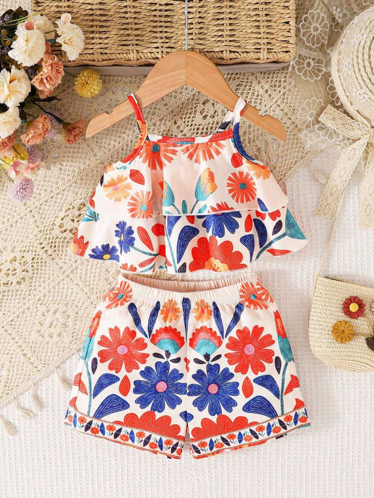Shein 2pcs set- straps- ruffled roses print