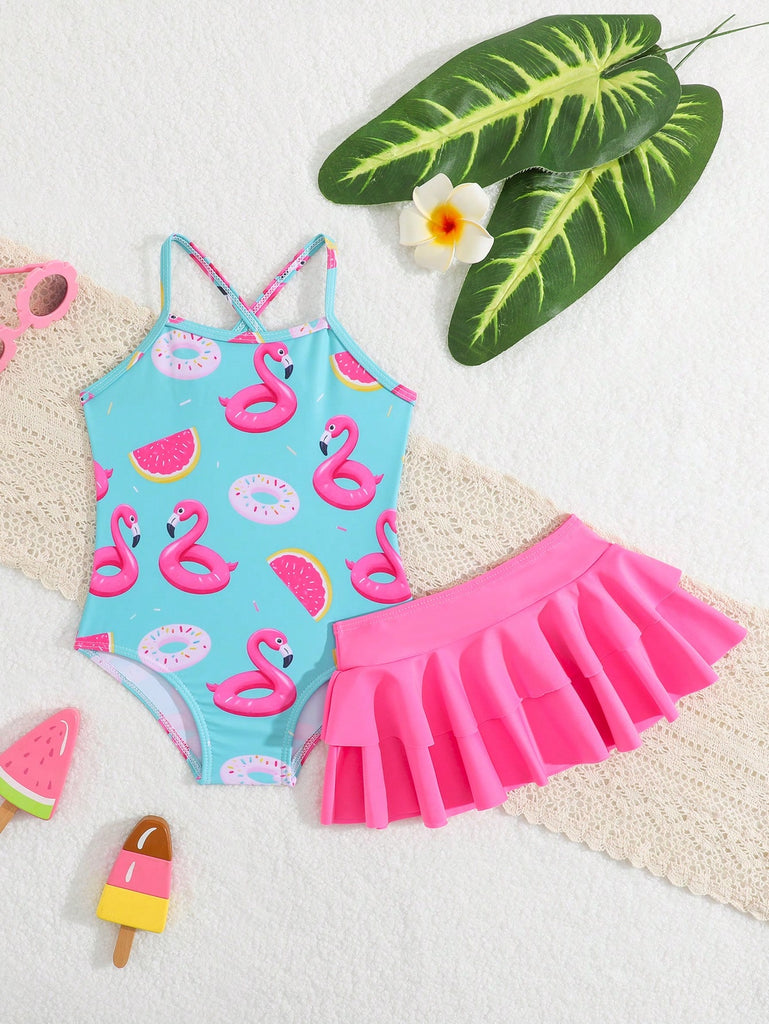 Shein 2pcs baby blue swimsuit- Flamingo print with skirt