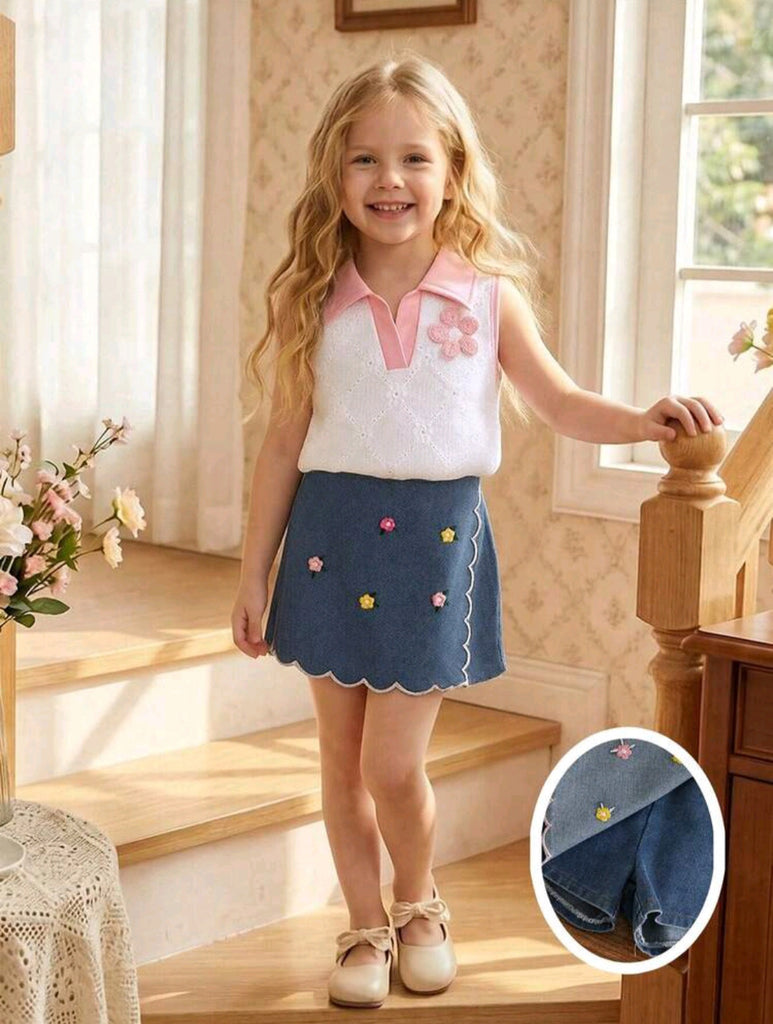shein set- jeans skirt+ pink flower