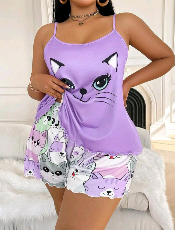 بيجاما شي ان موف قطه شورت ابيض قطط مطبوع plus size