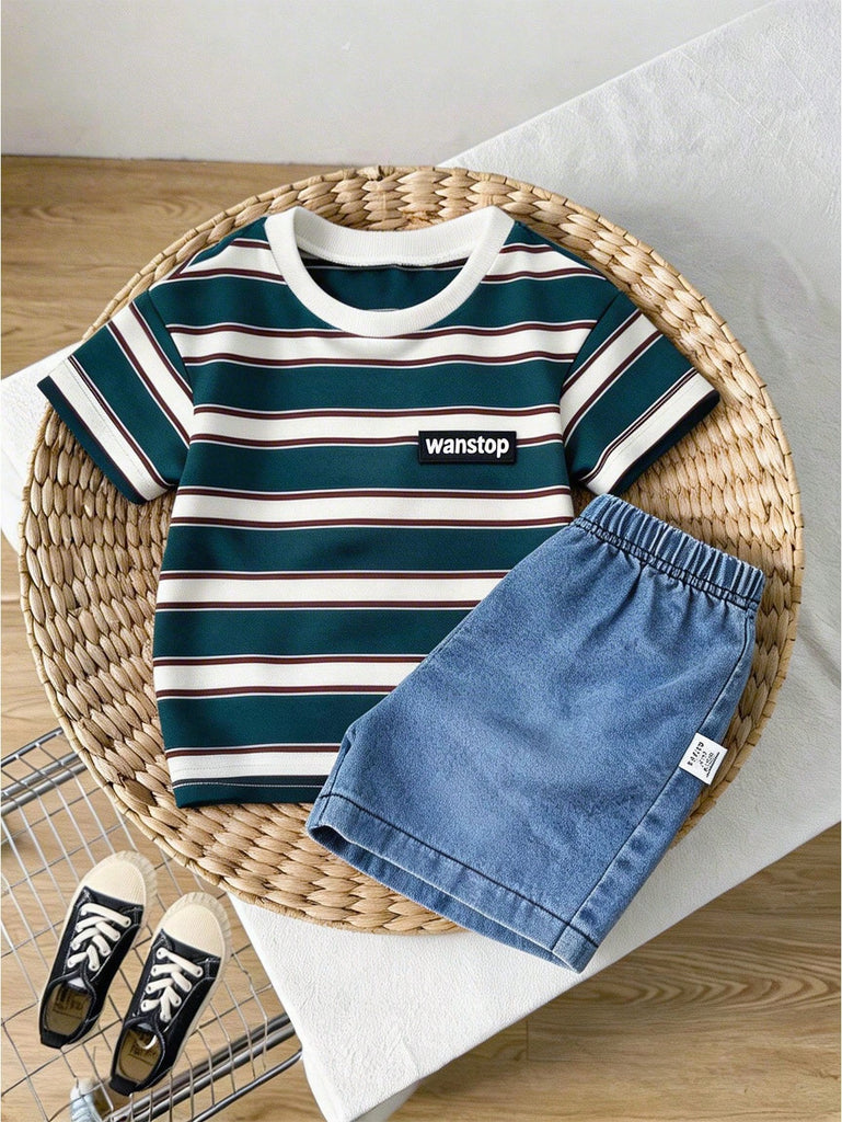 SHEIN 2pcs dark green stripped short sleeved set