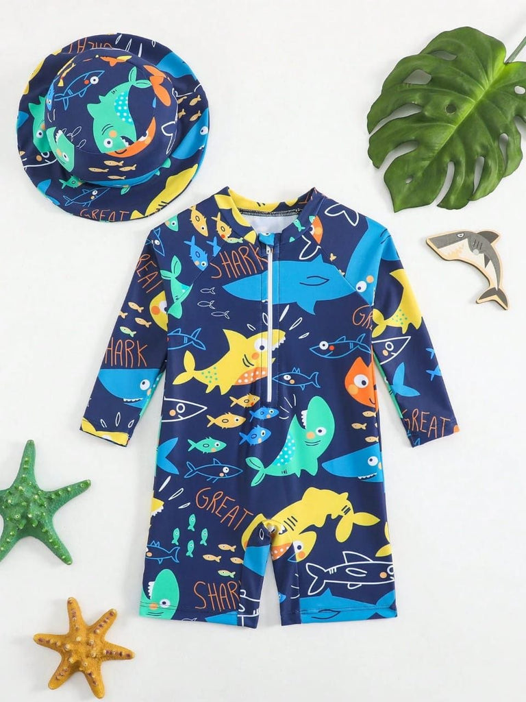 shein swimsuit- 2pcs- long sleeve- royal blue fish