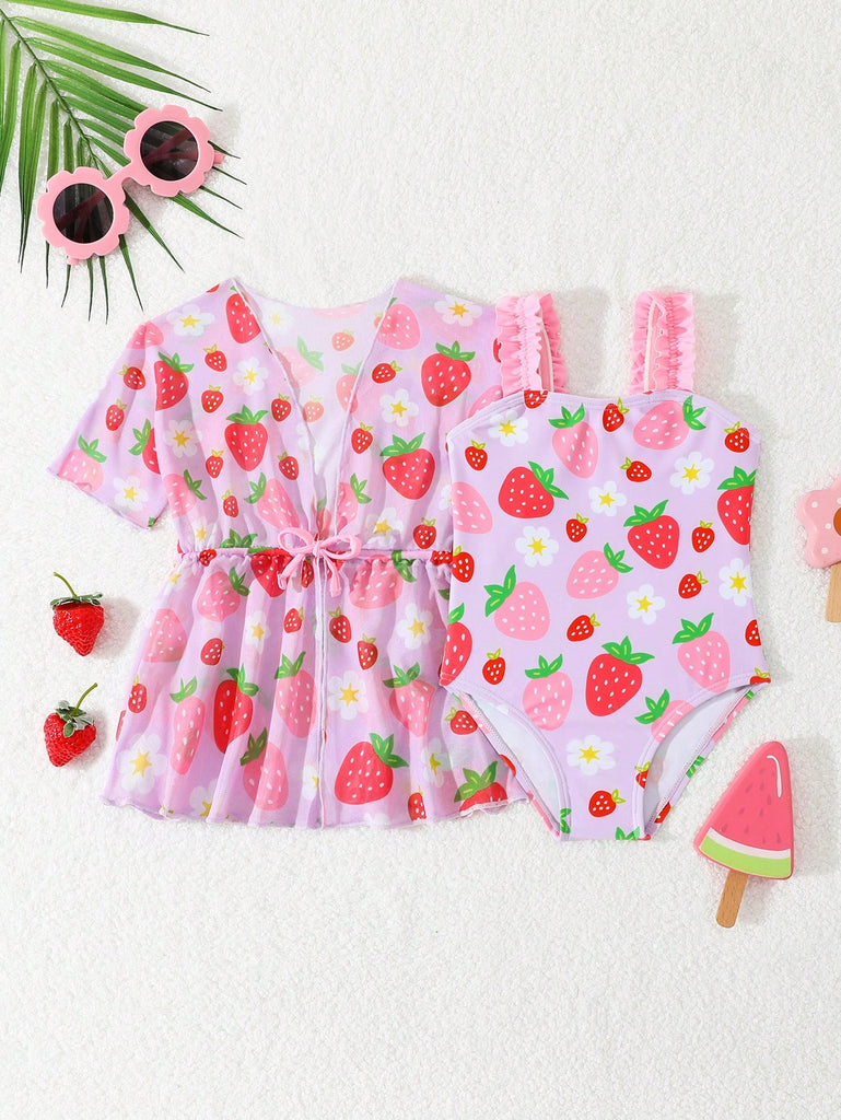 Shein 2pcs lavander  swimsuit- strawberry print with Kimono