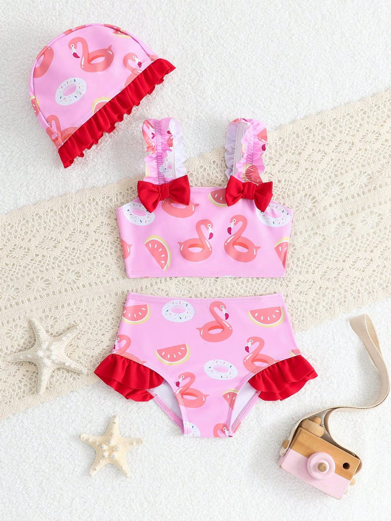 Shein pink Swimsuit- 3pcs- Flamingo  with bonnet