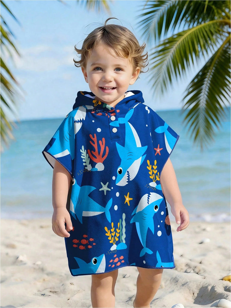 Shein Hooded Poncho- blue sharks & Cactus print